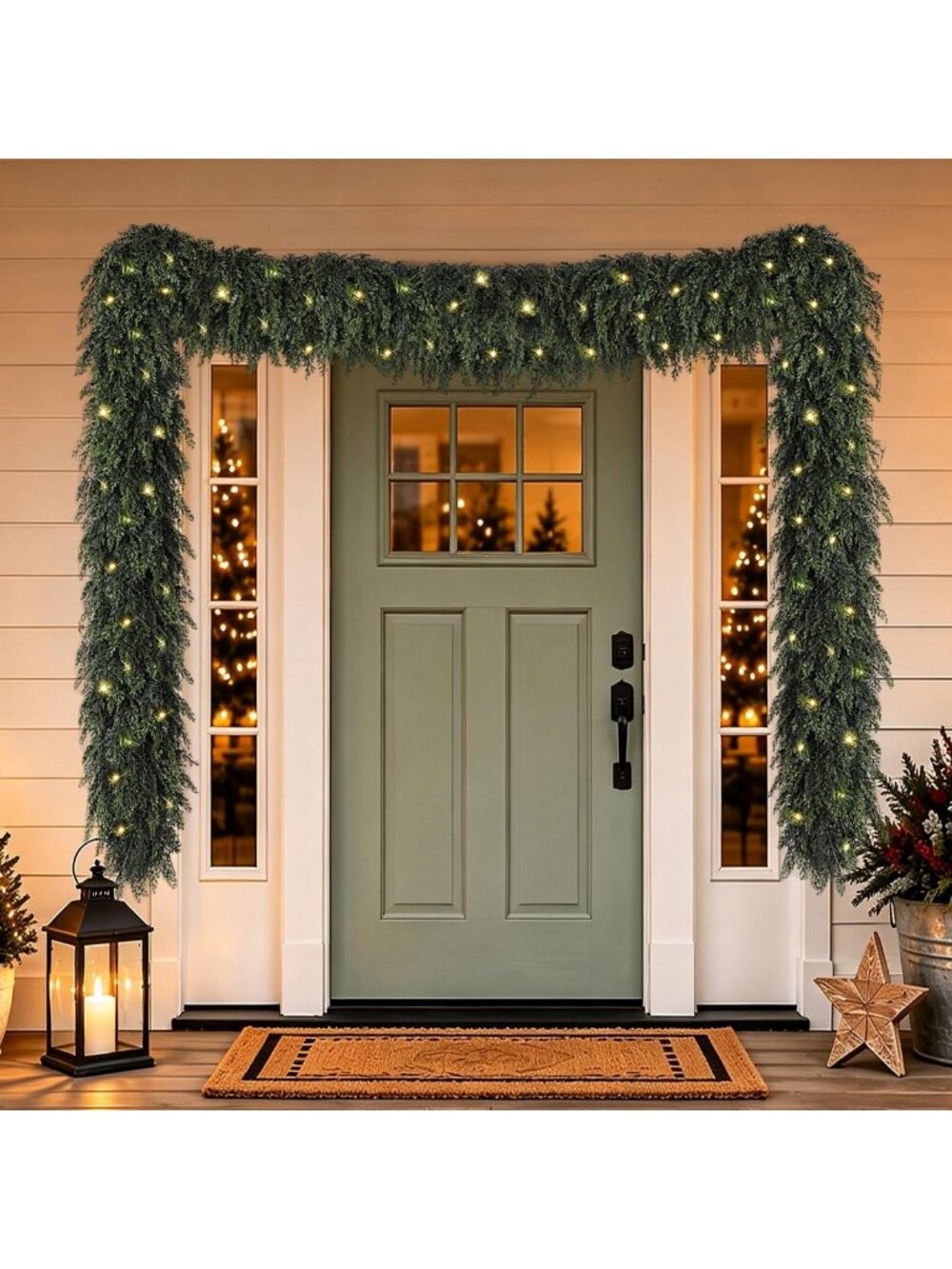 15FT Realistic Cedar Pine Christmas Garland with Lights - Holiday Decor, Festive